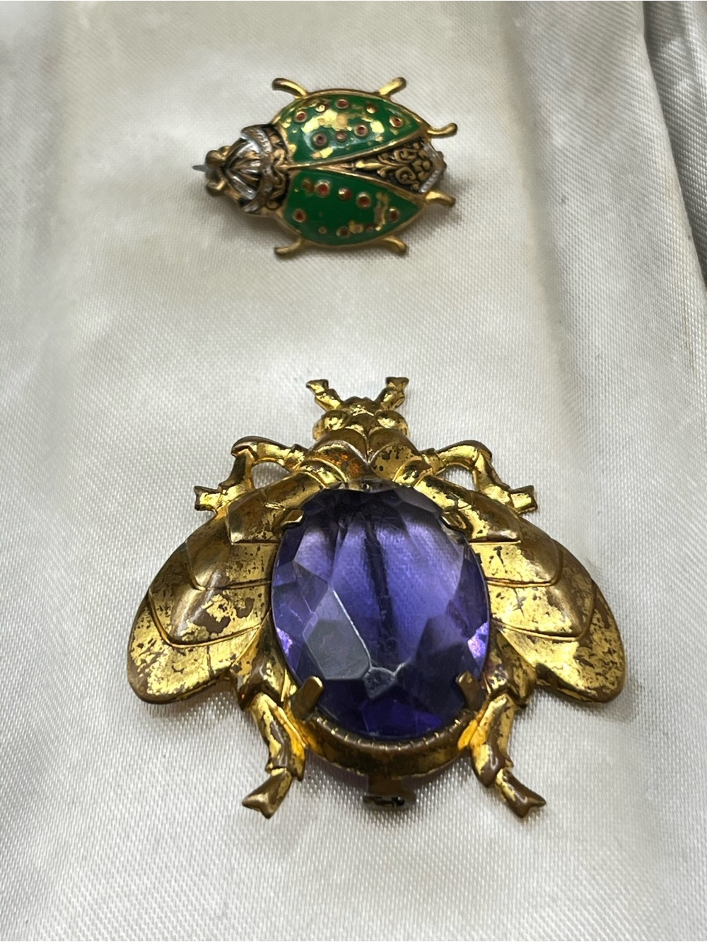 Vintage Beetle Brooche with Purple Faceted Stone and Green Enamel Lot of 2